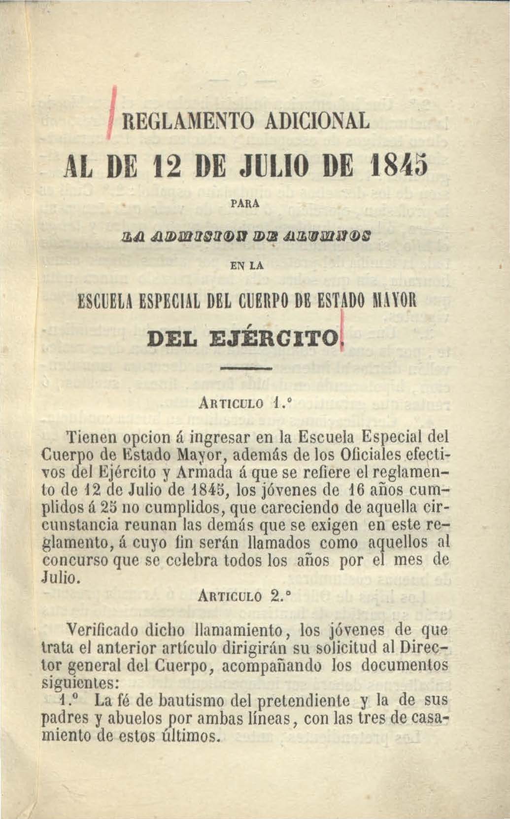 Reglamento adicional al de 12 de julio de 1845 para la admisión de alumnos en la Escuela Especial del Cuerpo de Estado Mayor del Ejército